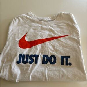 Nike White T-Shirt with Redish orange and Blue Logo